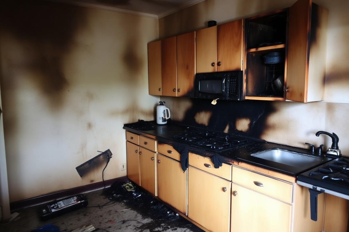 Fire damaged kitchen interior